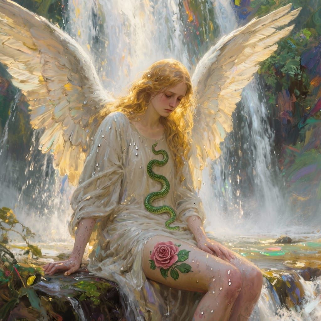 A colossal angel seated beneath a thundering waterfall, rendered in thick impasto brushstrokes with a luminous impressionistic style, her al...