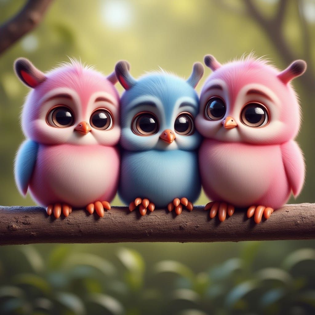 <lora:-Frickin Cute-:1.0> 3 cute colorful fluffy owls sitting on a branch.
