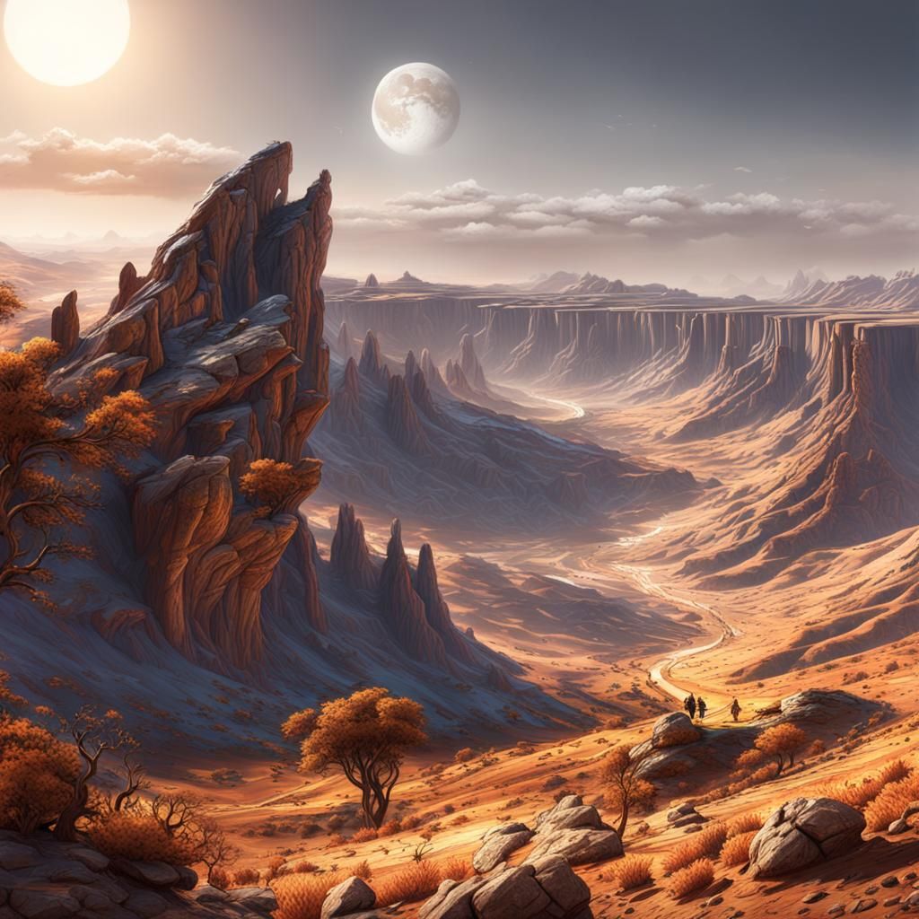 Sun and moon over a desert valley