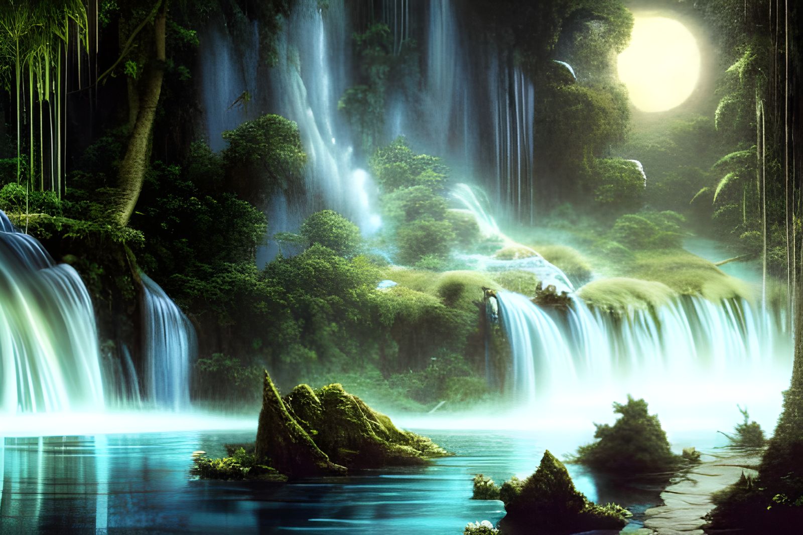 Full moon over the waterfall in jungle