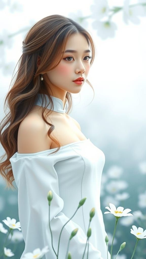 Ethereal East Asian Woman in Foggy Meadow