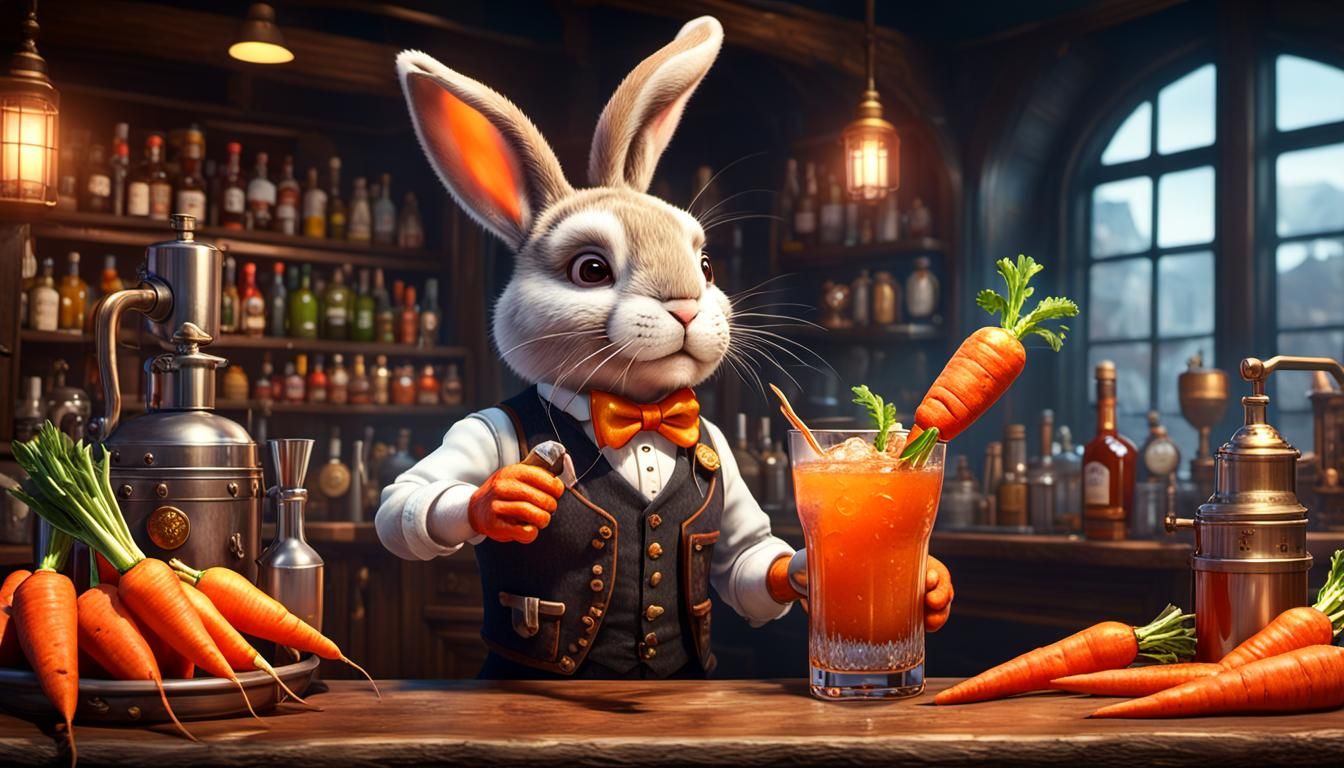 Steampunk Bunny Bartender Serves Carrot Cocktail