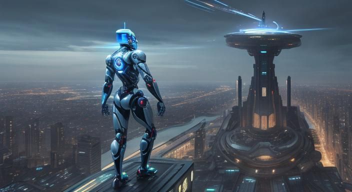 AI humanoid looking over the city