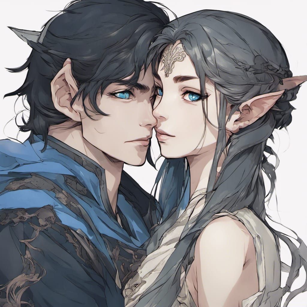 couple portrait: elf woman with black hair and pale skin and...