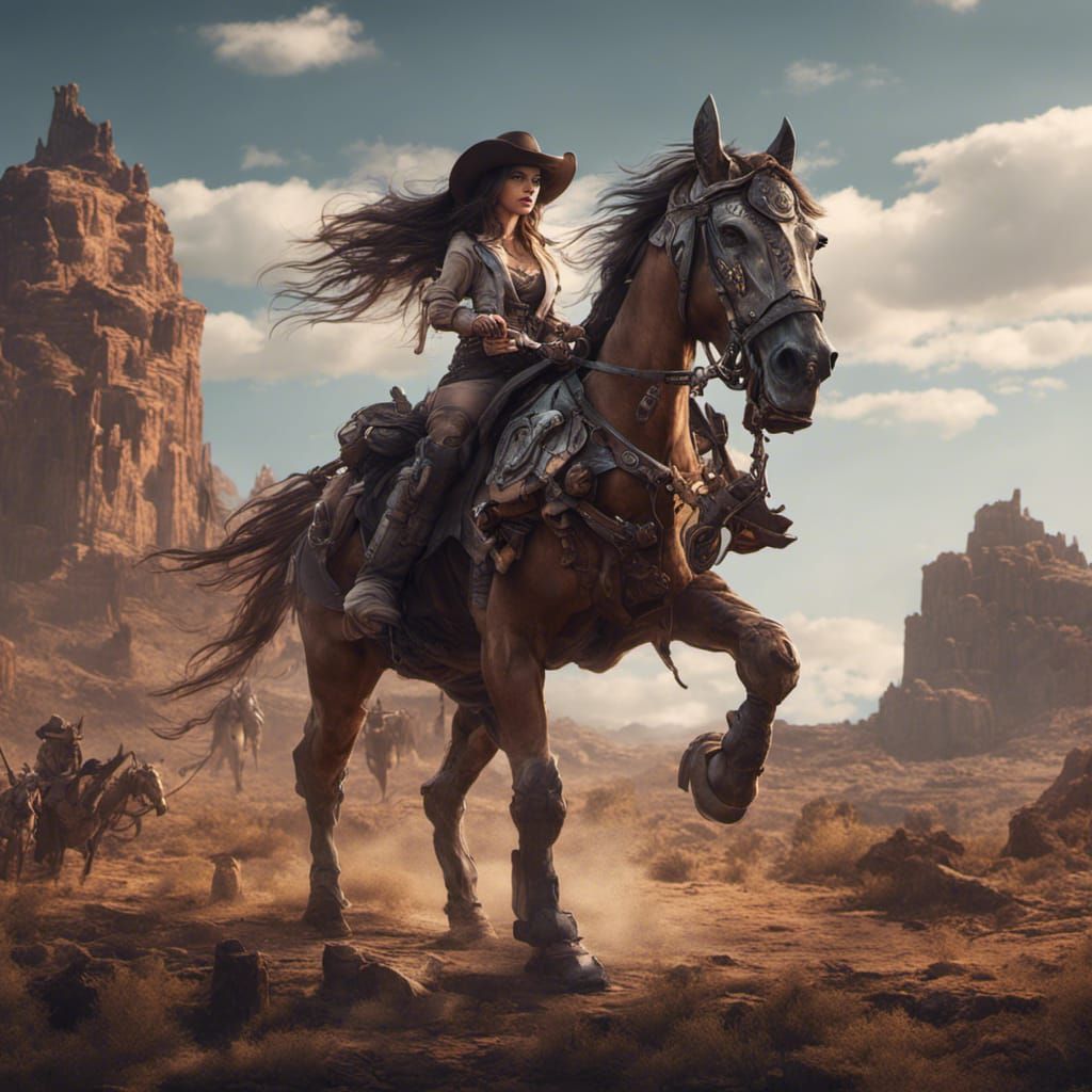 Cowgirl on a mecha horse,  in wild west  by @PapaSmurfntz