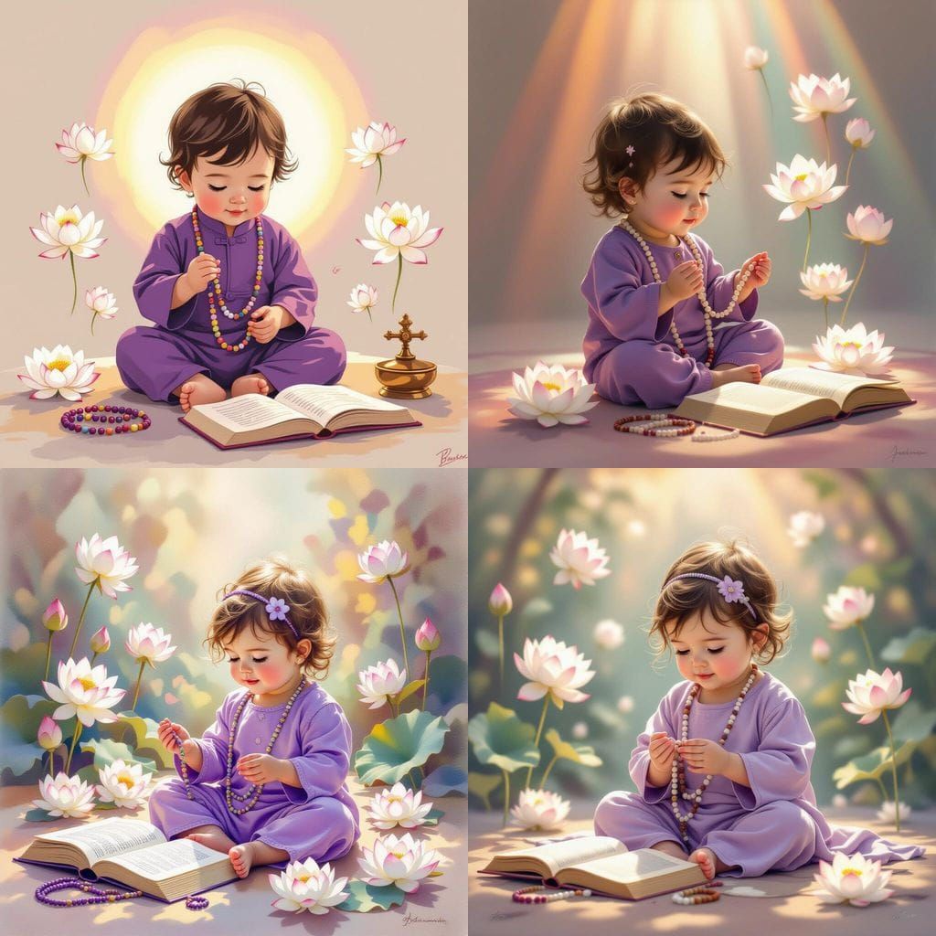Romantic Colored Pencil Art of Baby Playing with Prayer Bead...