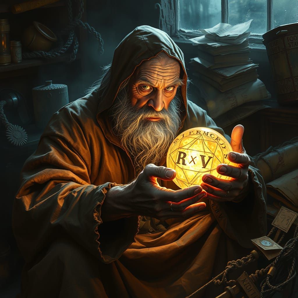 Digital Painting. Close up. A grizzled wizard sits in his cluttered workshop, studying a glowing crystal ball. Runes illuminate his face. Th...