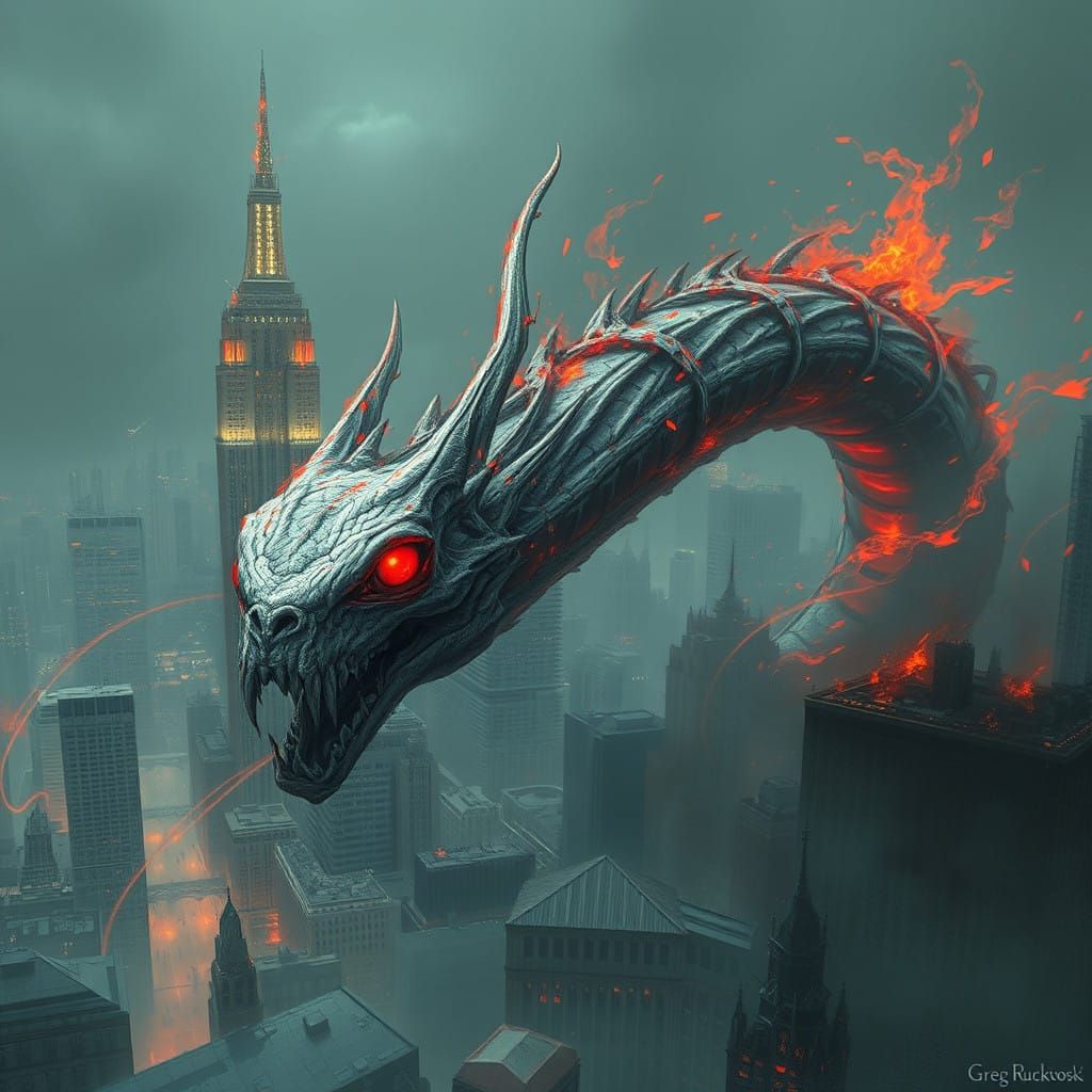 Dark Surrealism Art of a Fiery Serpent Conquering New York C...