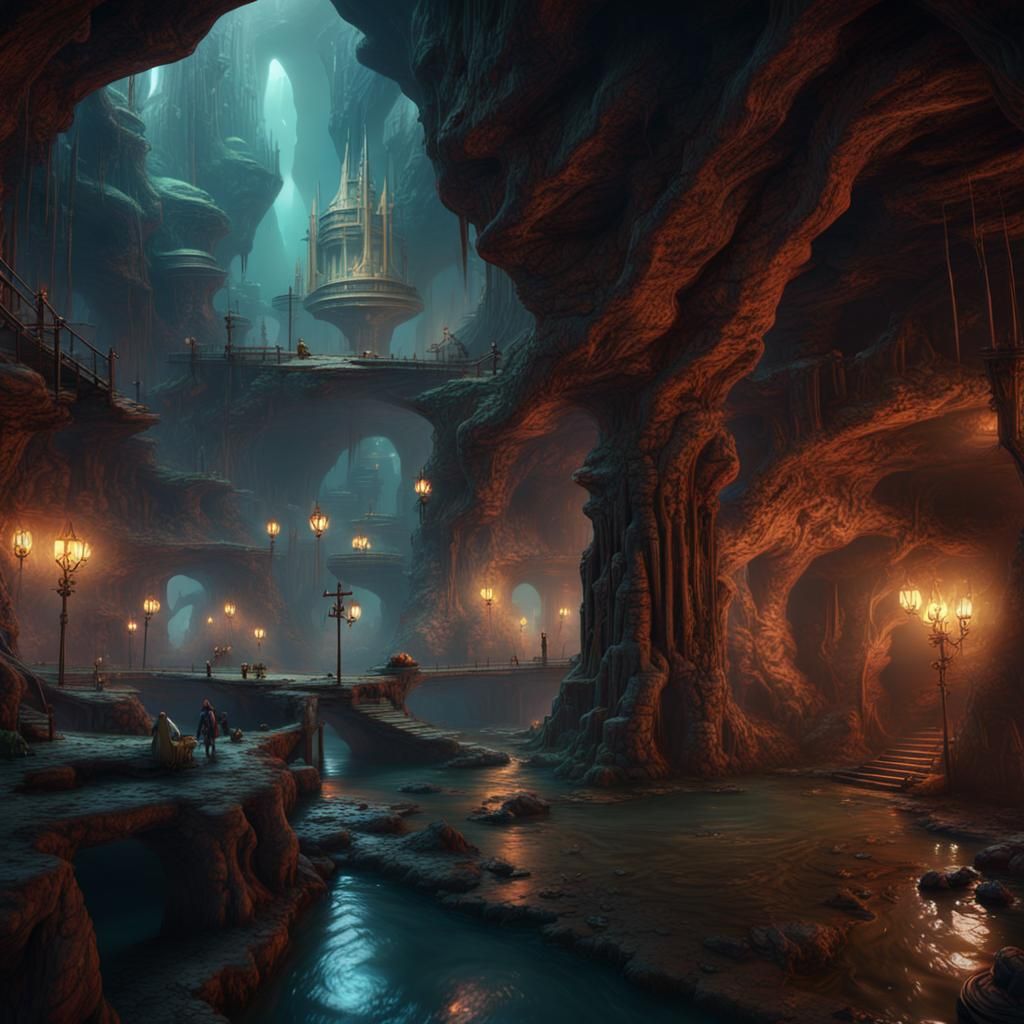 an underground world teeming with little mystic creatures in a bustling city in this subterranean realm ...  by @Zudie