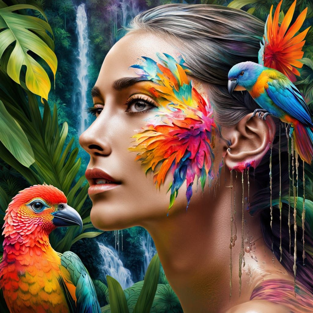 A surreal portrait of a female's face blending into a tropical jungle