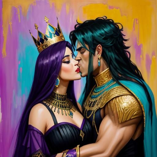 Black Empress with a  purple and gold crown and gown standin...