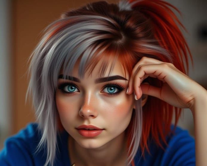 Woman with Blue Outfit and Red-Grey Hair Petting Cat