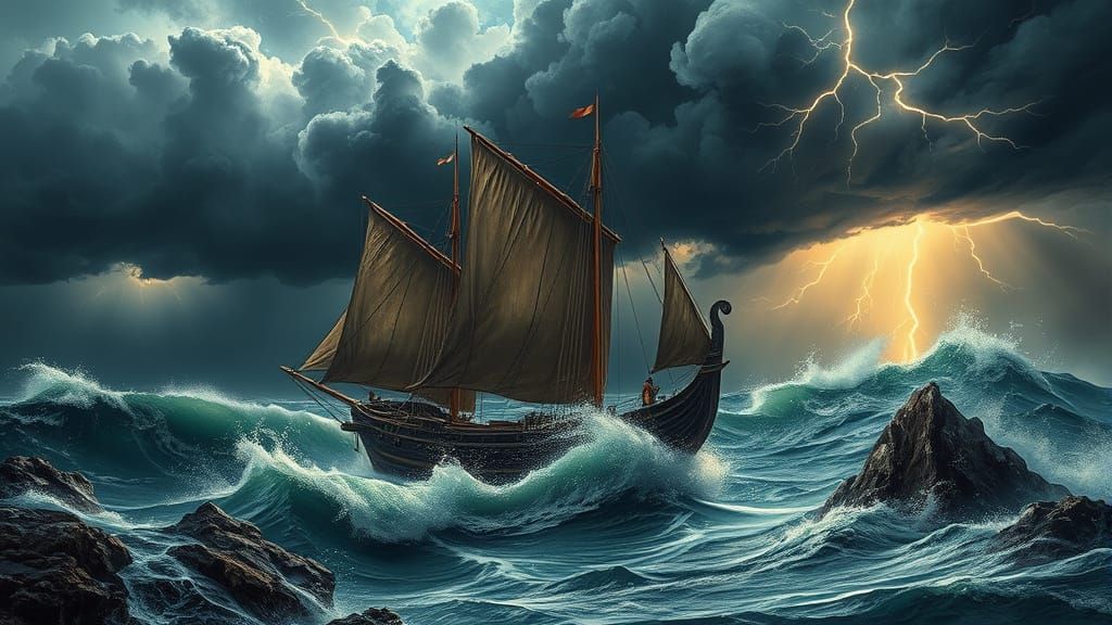 An old Dhow, with tattered sails is tossed around on the roiling sea during a storm. Dark thunderclouds and lightening fill the sky as the s...