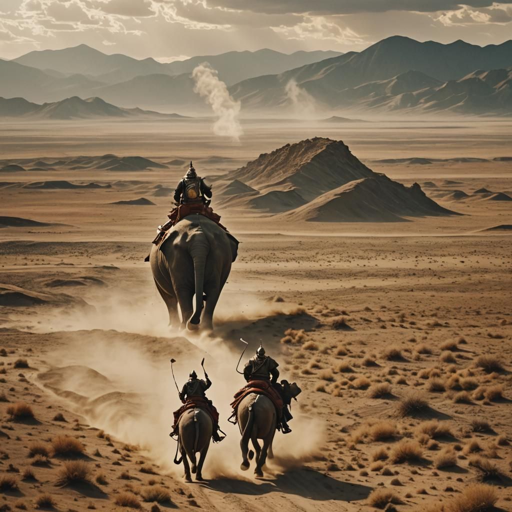 Mongolian Warrior on Elephant in Desert Steppe