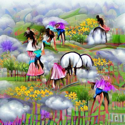 Dancing horses meadows flowery garden clouds beautifull rain...