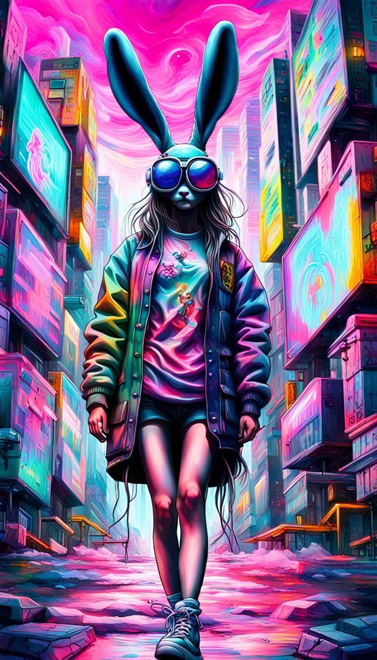 Cyber rabbit girl In a big tv screen, glitching ,vaporwave 80's 90's