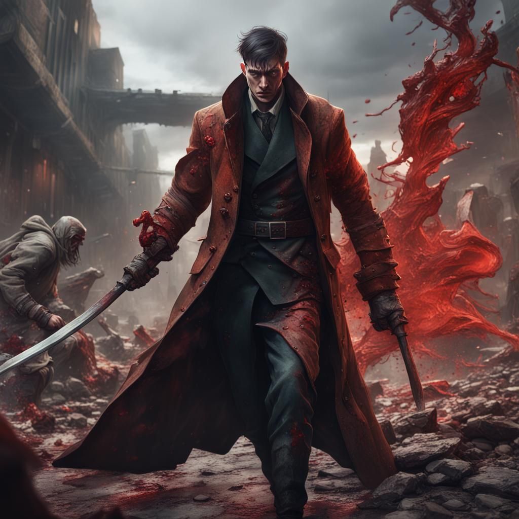 Guy in long coat fighting in a war, bloody - AI Generated Artwork ...