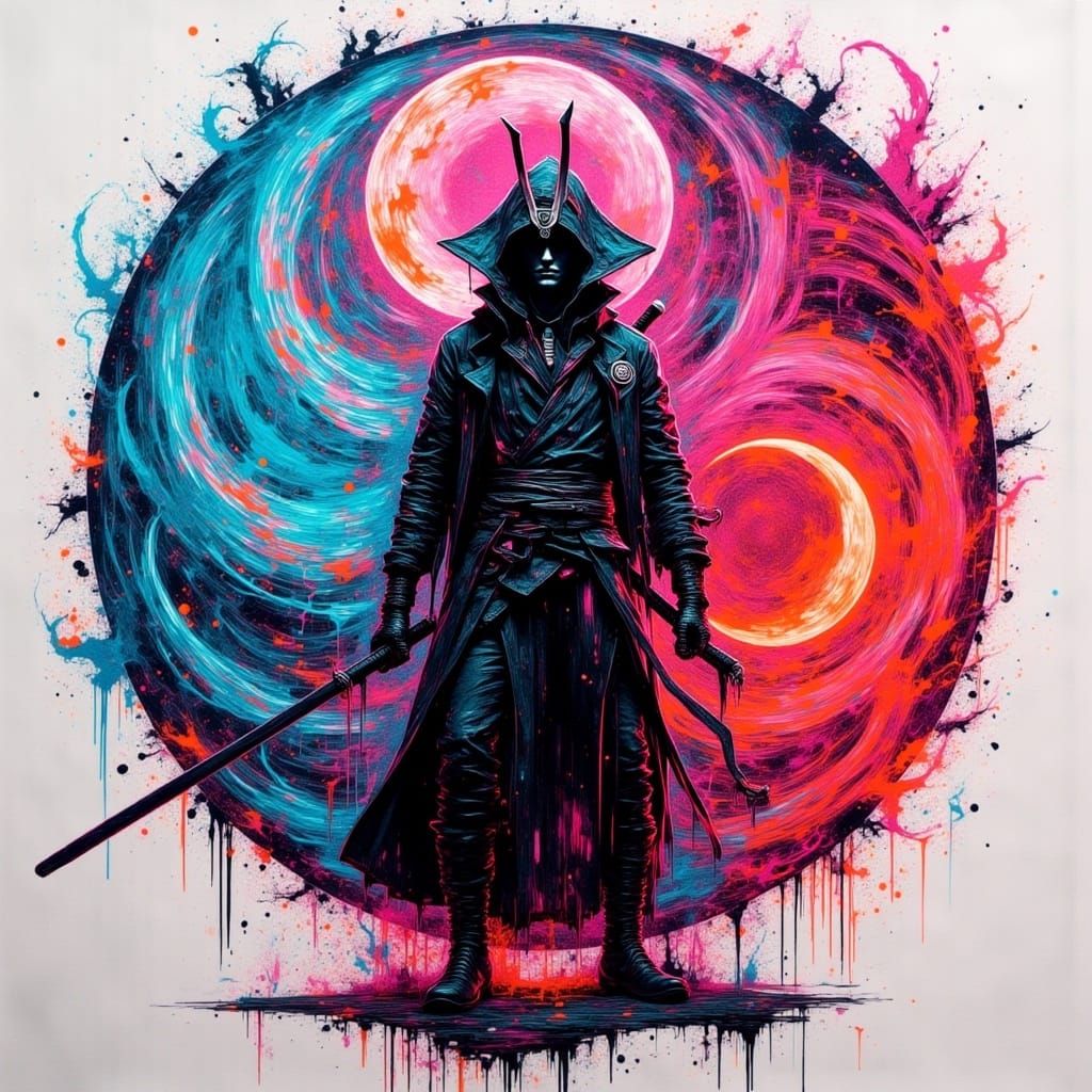 Samurai ink drawing, yin yang neon aura <lora:Fury2Flux:1.0>