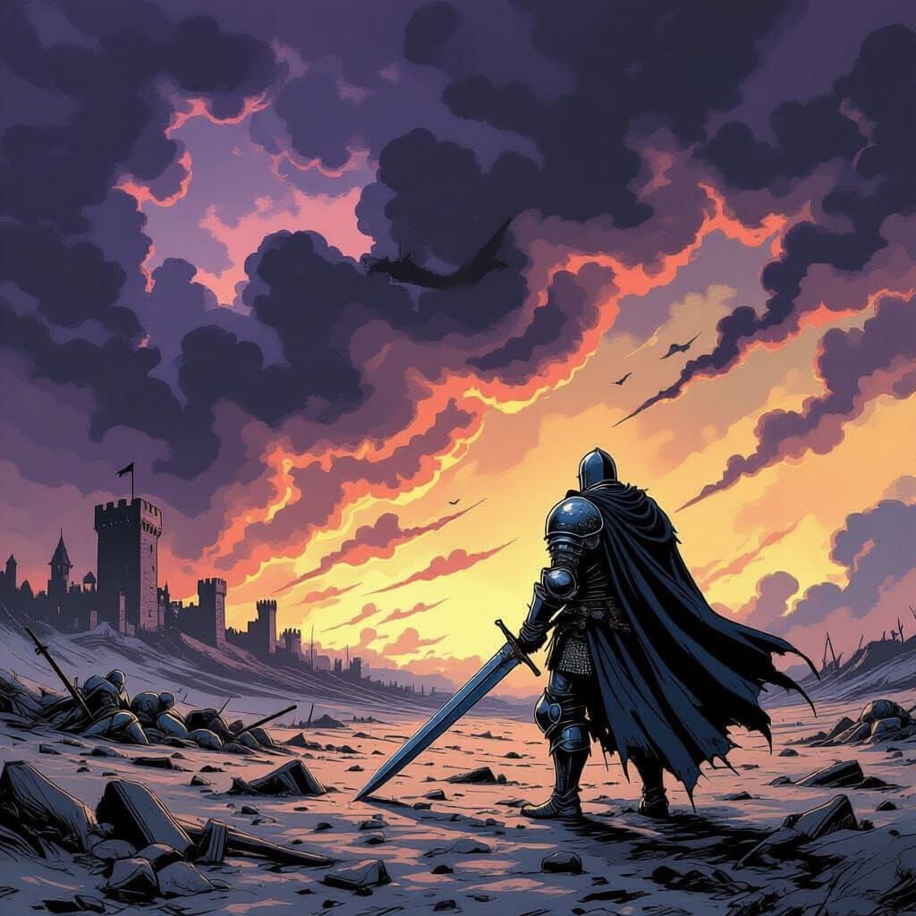 Alone and with no support, the knight is confronted by the dark shadow dragon.