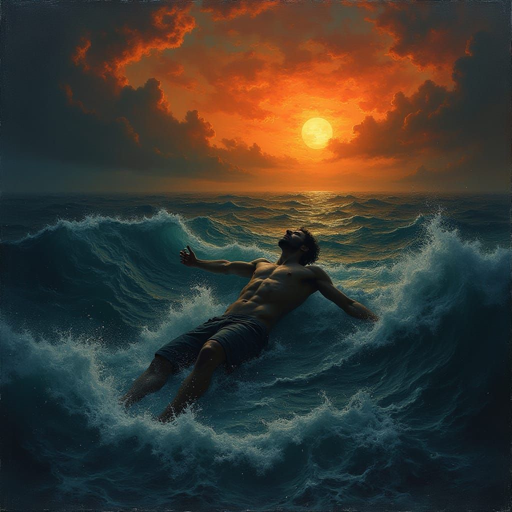 Drowning Man in Dark Sea Under Vibrant Sunset