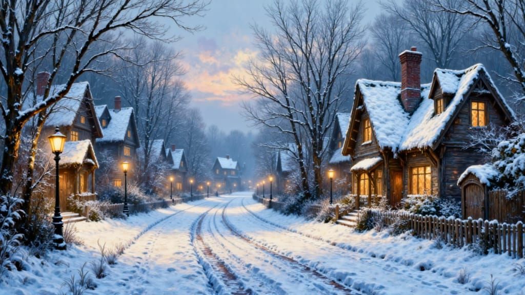 <lora:Fantasycore:1.0> Charles Dickens themed snow Village scene,  snow covered houses and trees, lampposts shining in the dusk, heavy brush...