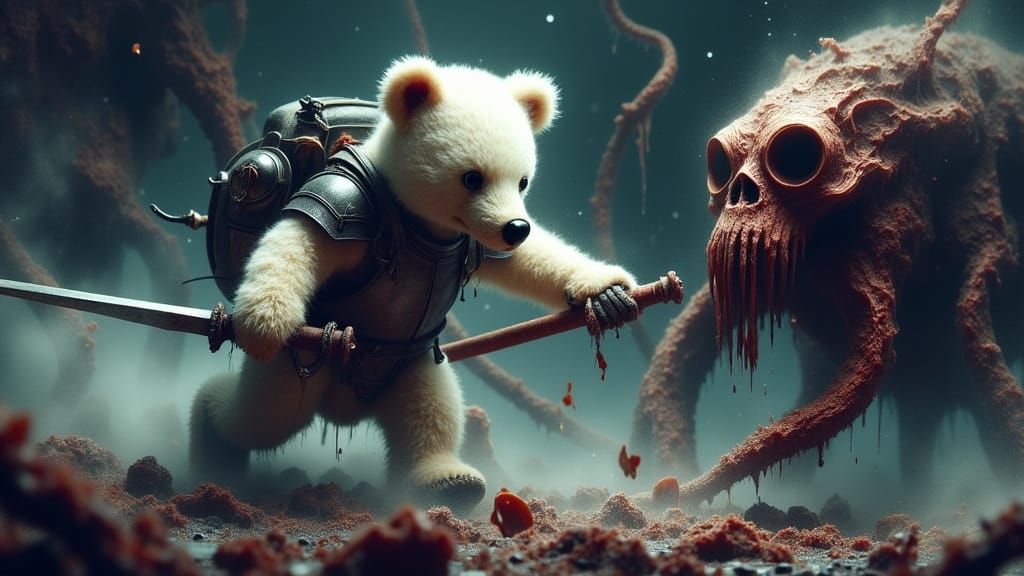 <lora:Morbid:1.0> Fluffy white teddy bear in tiny backpack, plate mail armor, holding sword and shield, battling tentacled horror with reali...