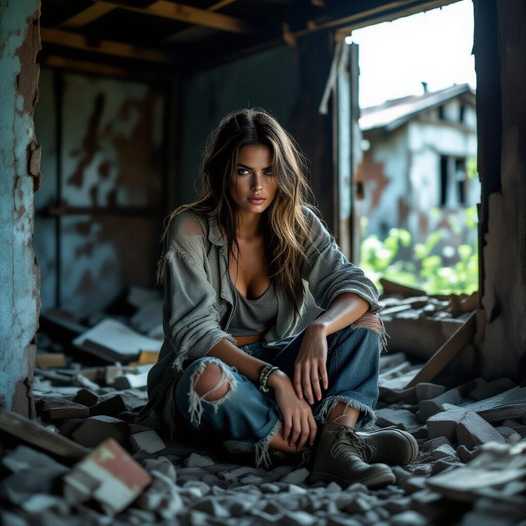 An ex supermodel who caught in a war, now sitting inside of an old abandoned shack, trying to survive