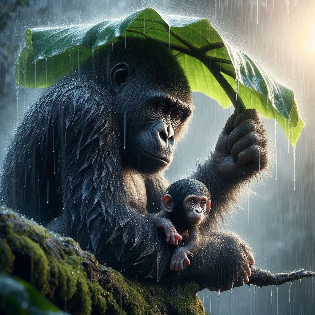 Gorilla family takes shelter