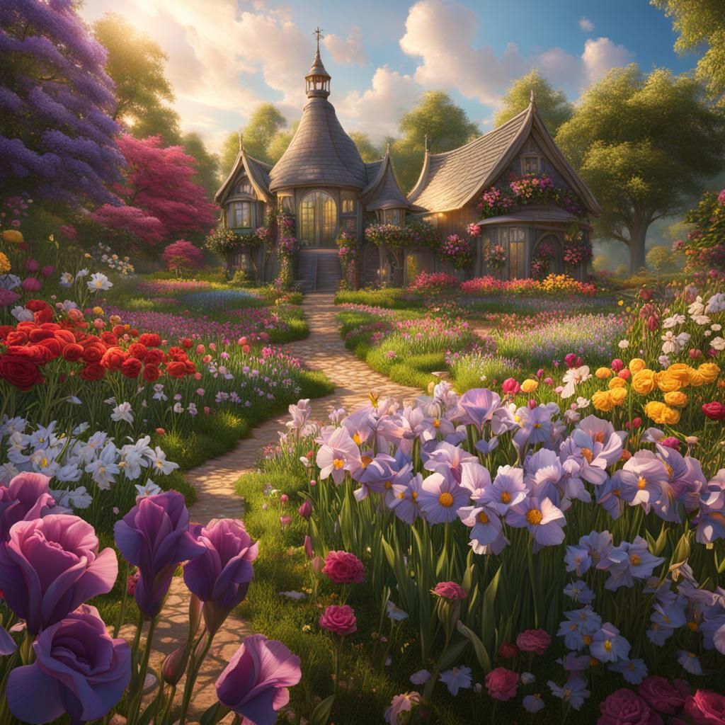 A secret garden hidden away from the world, where the flowers bloom in a rainbow of hues and the air is filled with the sweet scent of natur...