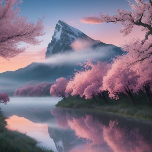 Cherry Blossoms Bloom by Magical Lake at Sunrise
