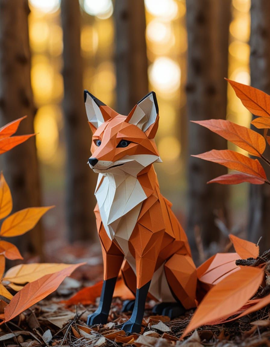 Close-up shot of a red fox made entirely from folded burnt-orange paper with matte, velvety texture. Its sleek body is crafted with angular,...