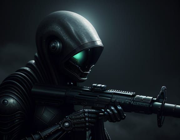 Surreal Alien Prepares Strange Weapon in Dreamlike Landscape