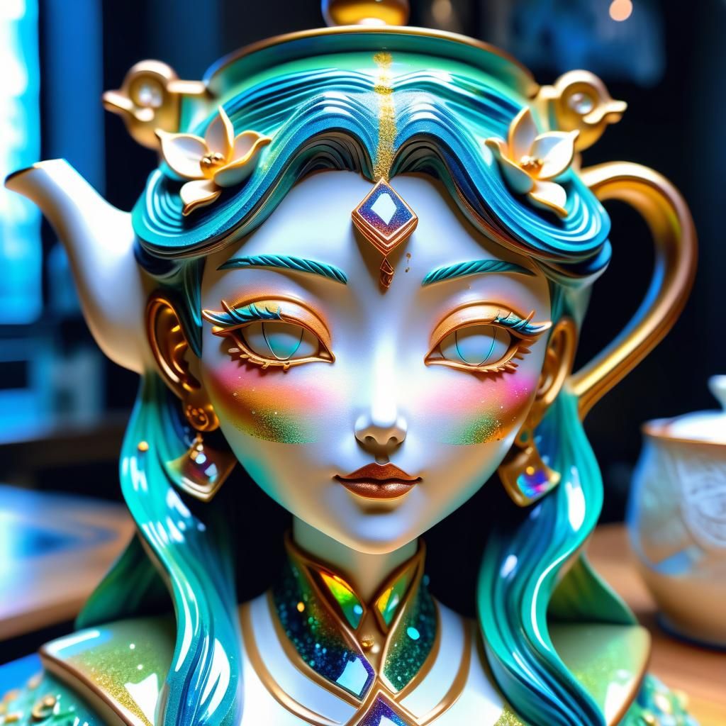 A vibrant beautiful "Anime Girl Face Sculpted Clay Teapot", holographic
