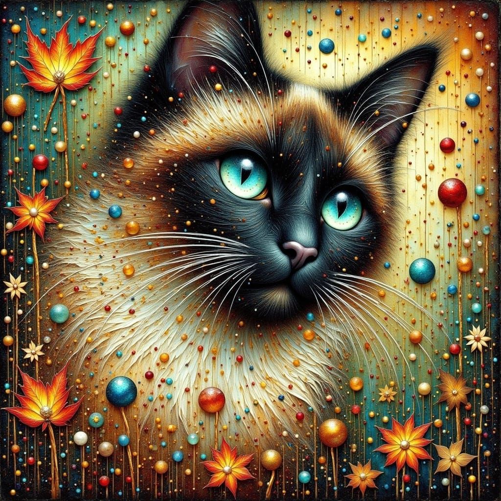 Alcohol ink painting: Elegant Siamese cat, in the style of Klimt and Mucha. Intricate, detailed, beautiful <lora:Earth and texture:1.0>