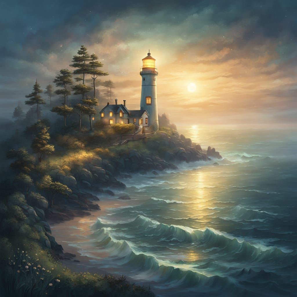 Lighthouse on wooded headland.  by @kjscosm 