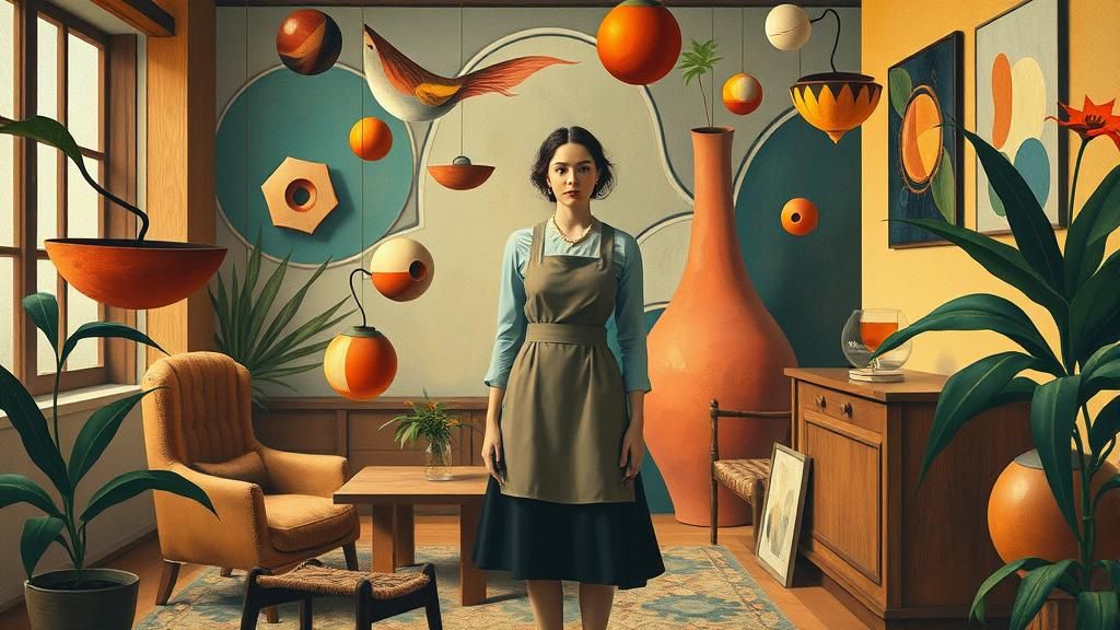 a painting by Paul Klee in a room in which certain geometric shapes emerge from the painting and become volumes and float in the room.