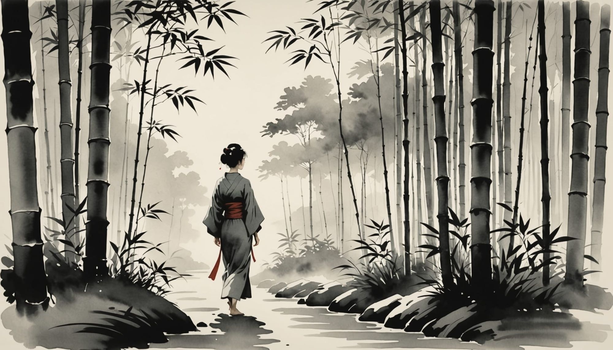 Traditional Japanese sumi-e ink painting. A lone woman with an elegant kimono walks through a bamboo forest, a gentle breeze rustling the le...