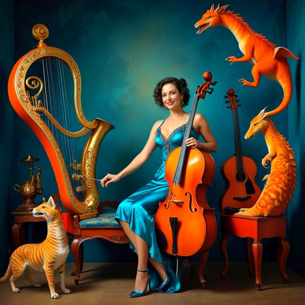 Surreal Portrait of Happy Lady in Vibrant Fantasy Scene