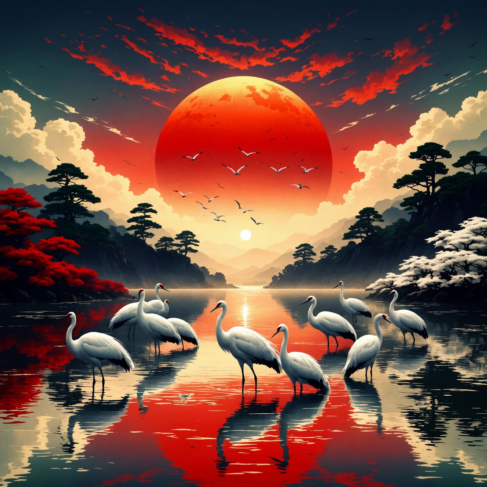 Cranes at sunset in Japan  by @Horse-T