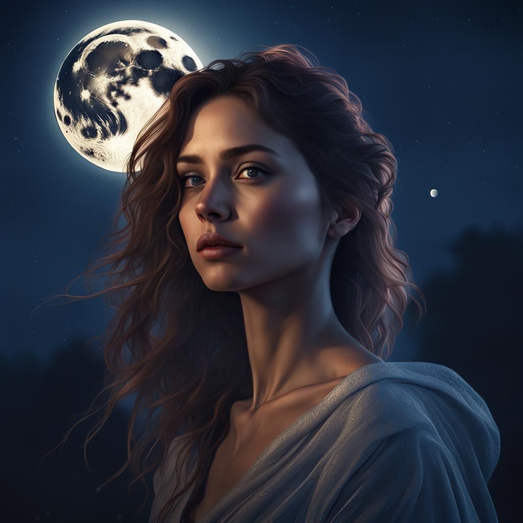 Portrait of a woman under the moonlight night sky with the m...