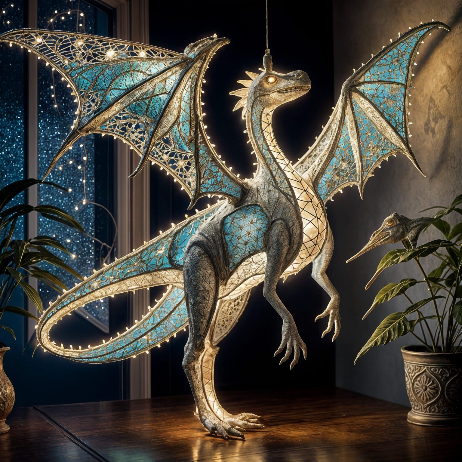 Wyvern lamp. Lace and stained glass fairy lights  by @Bex