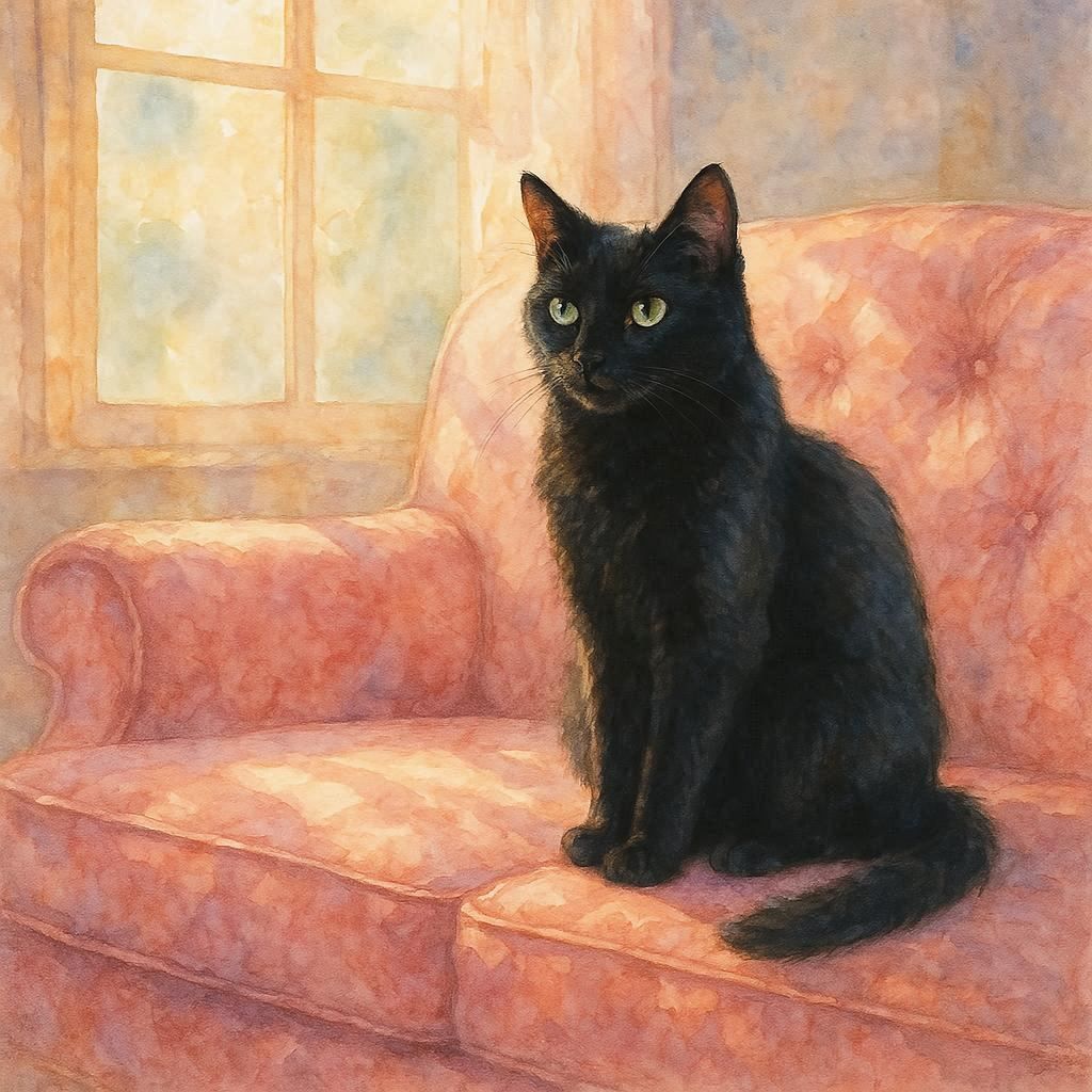 Black kitty on pink couch
