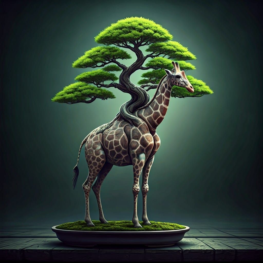 Giraffe Bonsai Tree in Sinister Mystical Style