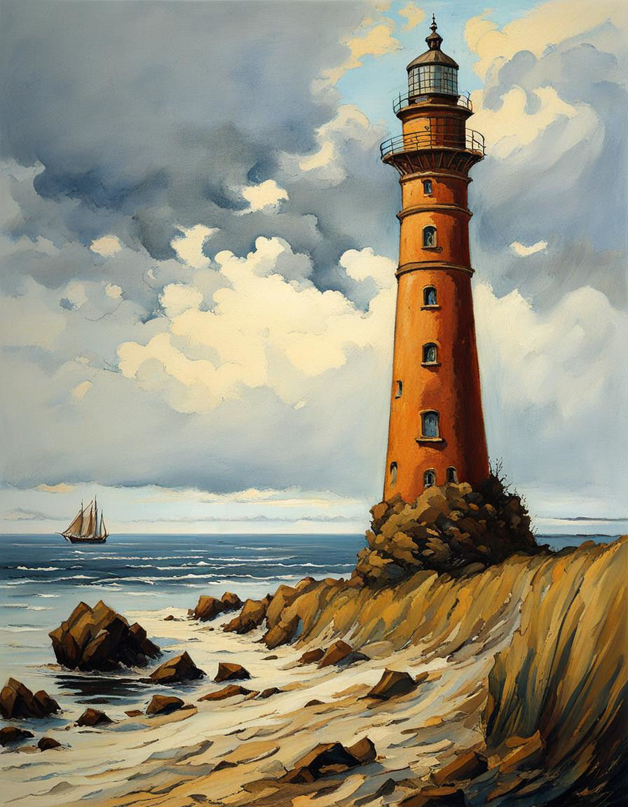 The Banhoft lighthouse stands alone on the extreme point, no...
