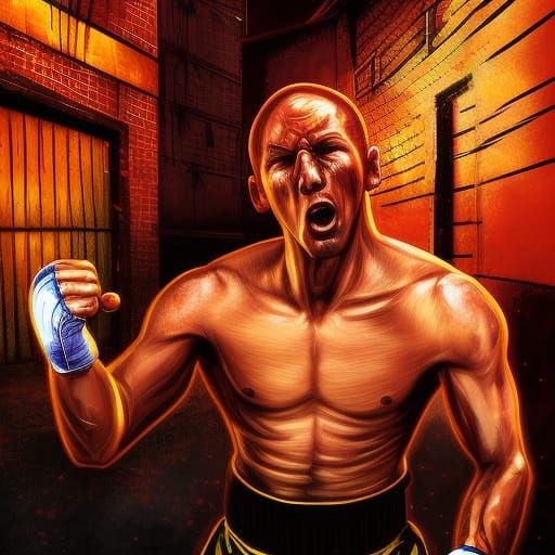 Kickboxer in a back alley brawl. - AI Generated Artwork - NightCafe Creator