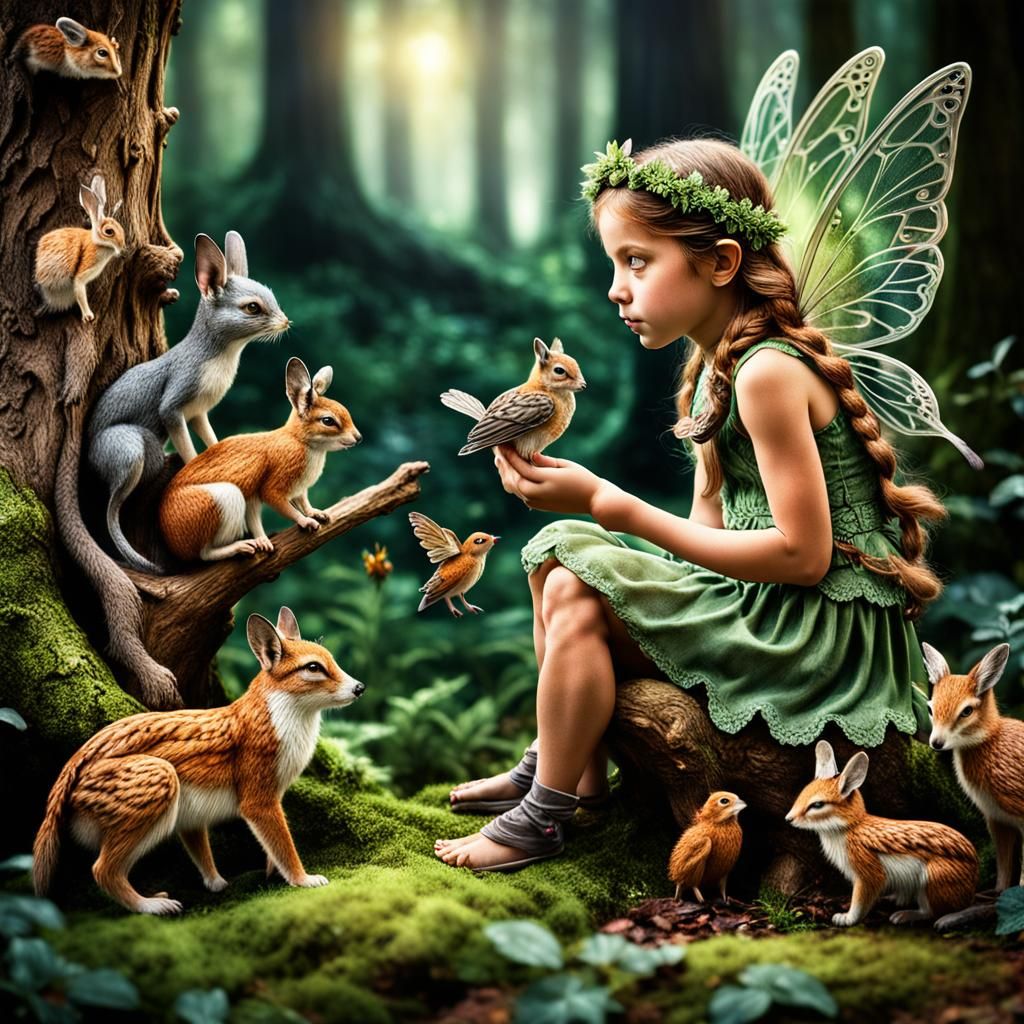 A beautiful woodland fairy playing with forest animals