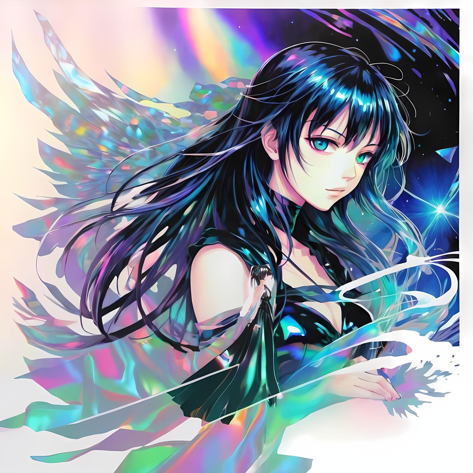 Anime girl in black iridescent art print - AI Generated Artwork - NightCafe  Creator