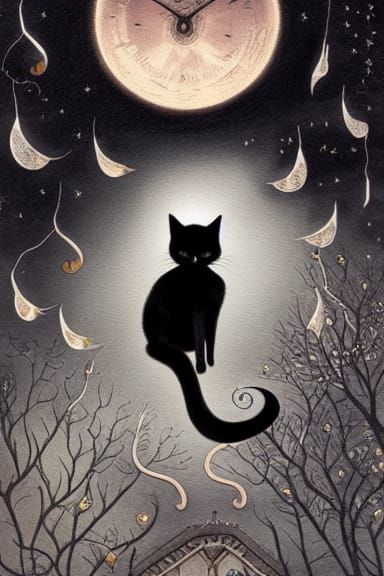 Black Cat with Crescent Moon in Storybook Style