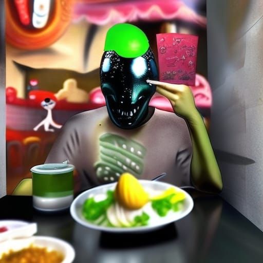 Weird Leather Face Alien Eating A Salad
