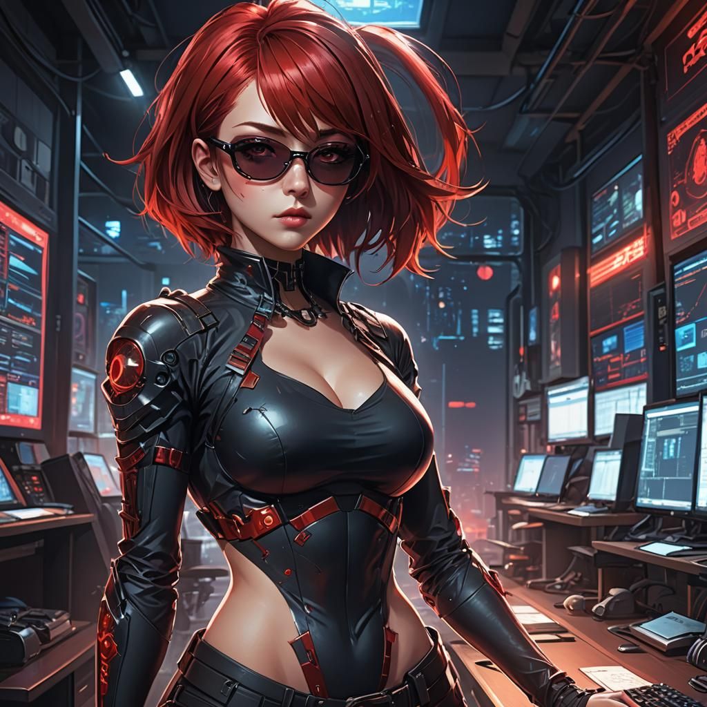 Anime Hacker Girl with Red Hair in Cyberpunk Style